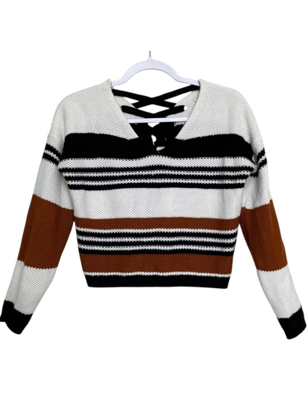 Full Circle Trends Crop Sweater Striped Lattice Crisscross Back Boho V-Neck Sz S